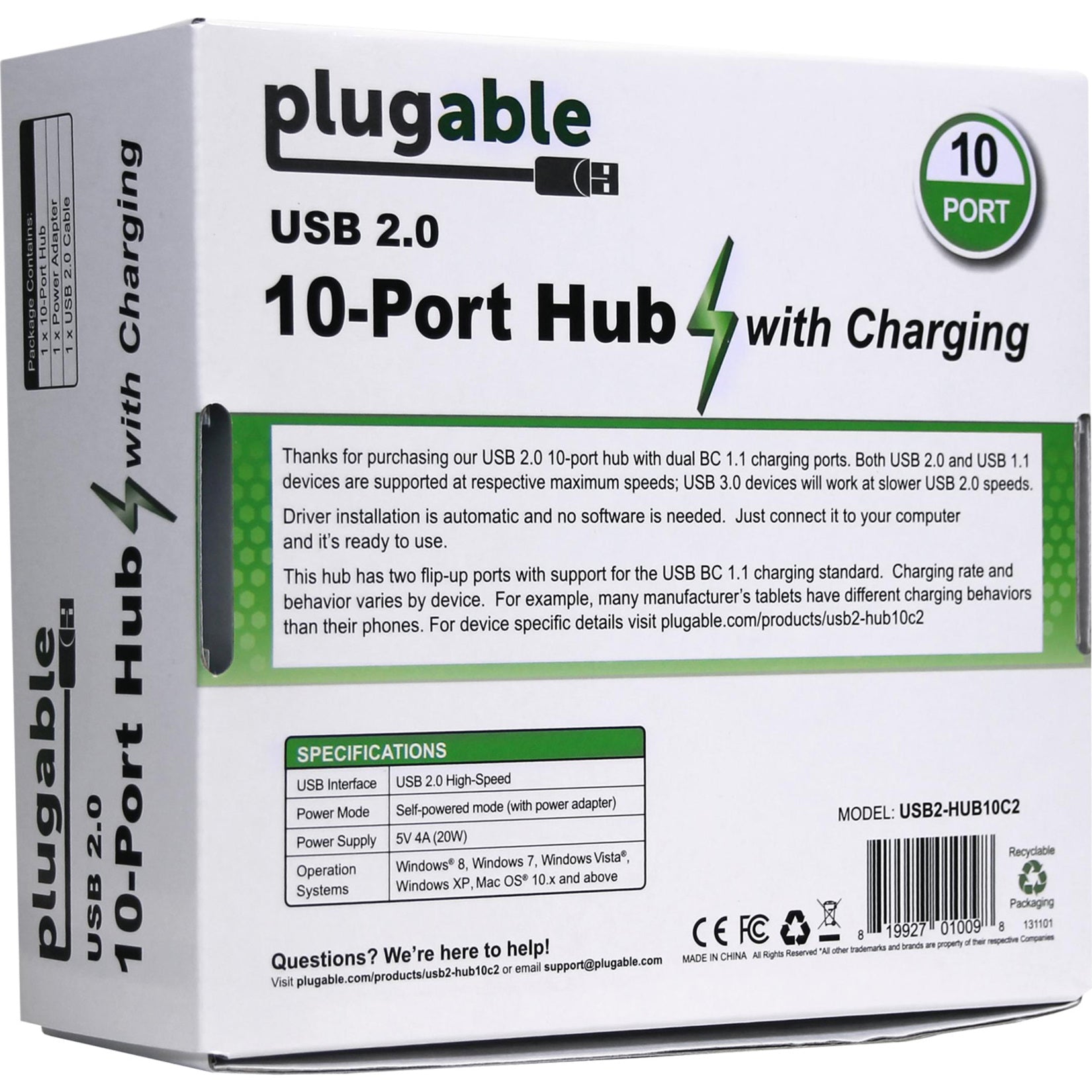 Plugable USB2-HUB10C2 USB 2.0 10-PORT HUB WITH 20W POWER ADAPTER, 10 Ports, PC/Mac/Linux Compatible