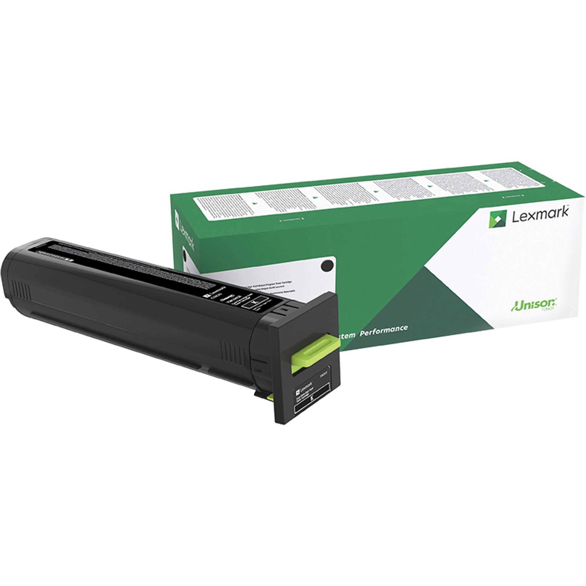 Lexmark 72K0XKG extra high-yield black toner cartridge with green packaging showing Unison technology branding-alternate-image1