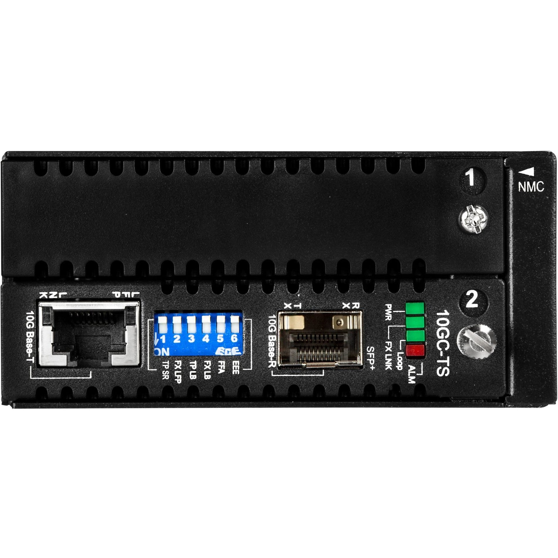 Close-up view of ET10GSFP media converter interface panel showing DIP switches and status LEDs-alternate-image2