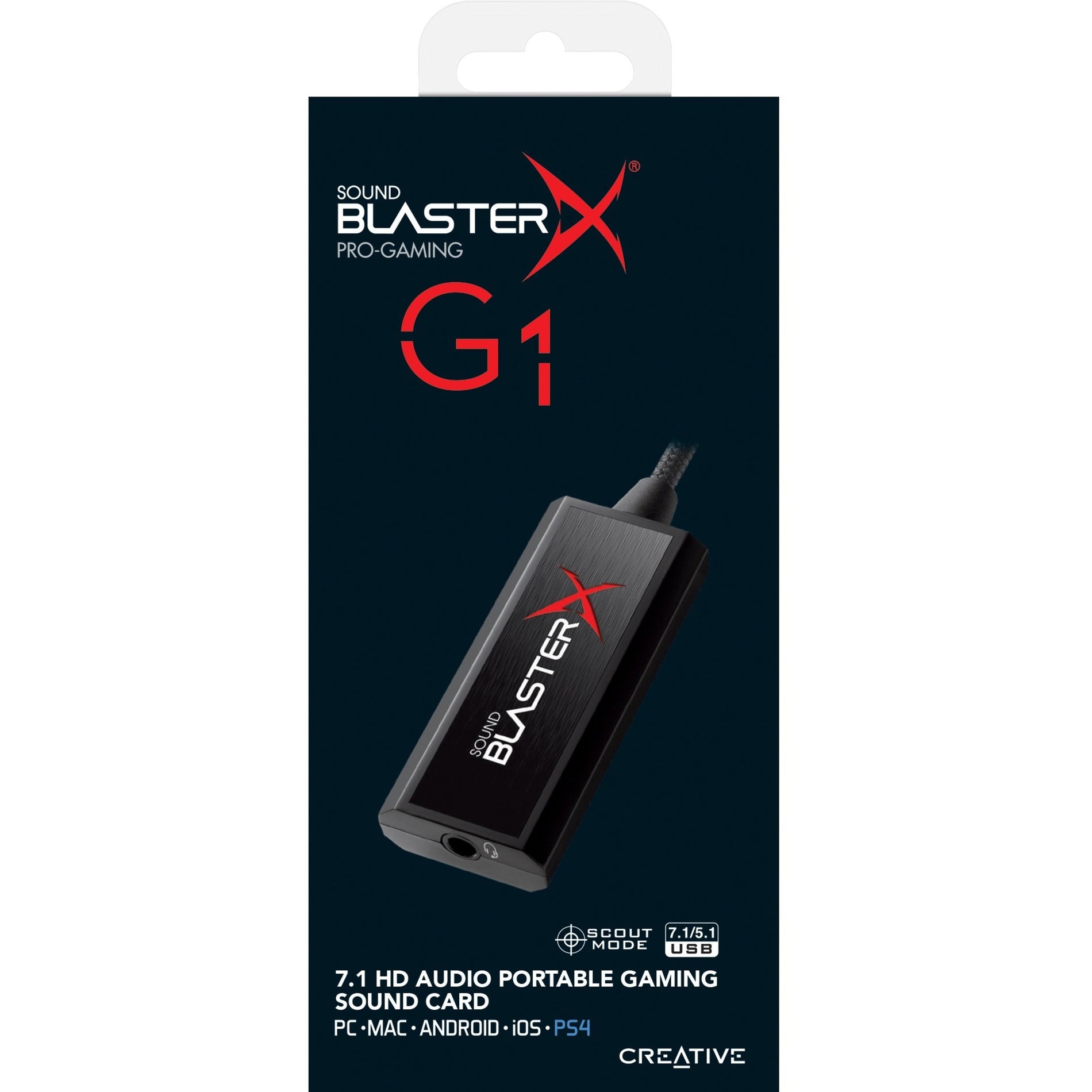 Front view of Sound BlasterX G1 retail packaging showing features and compatibility-alternate-image6