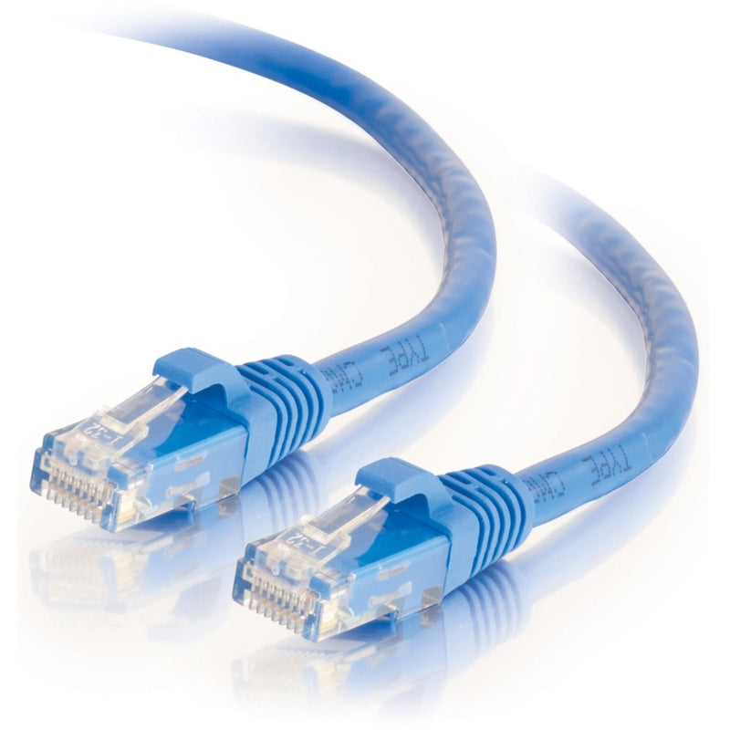 C2G Cat6 blue ethernet cable with clear RJ-45 connectors showing both ends