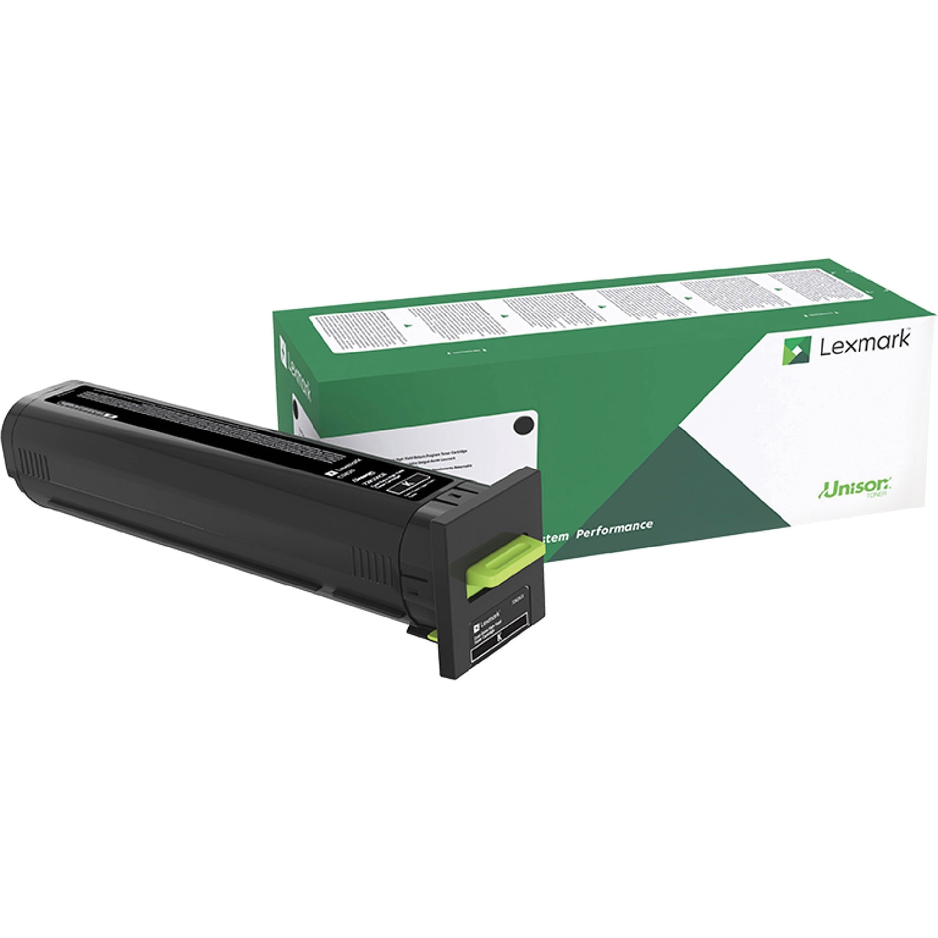 Lexmark 72K00KG black toner cartridge with Unison technology shown with retail packaging featuring green Lexmark branding-alternate-image1