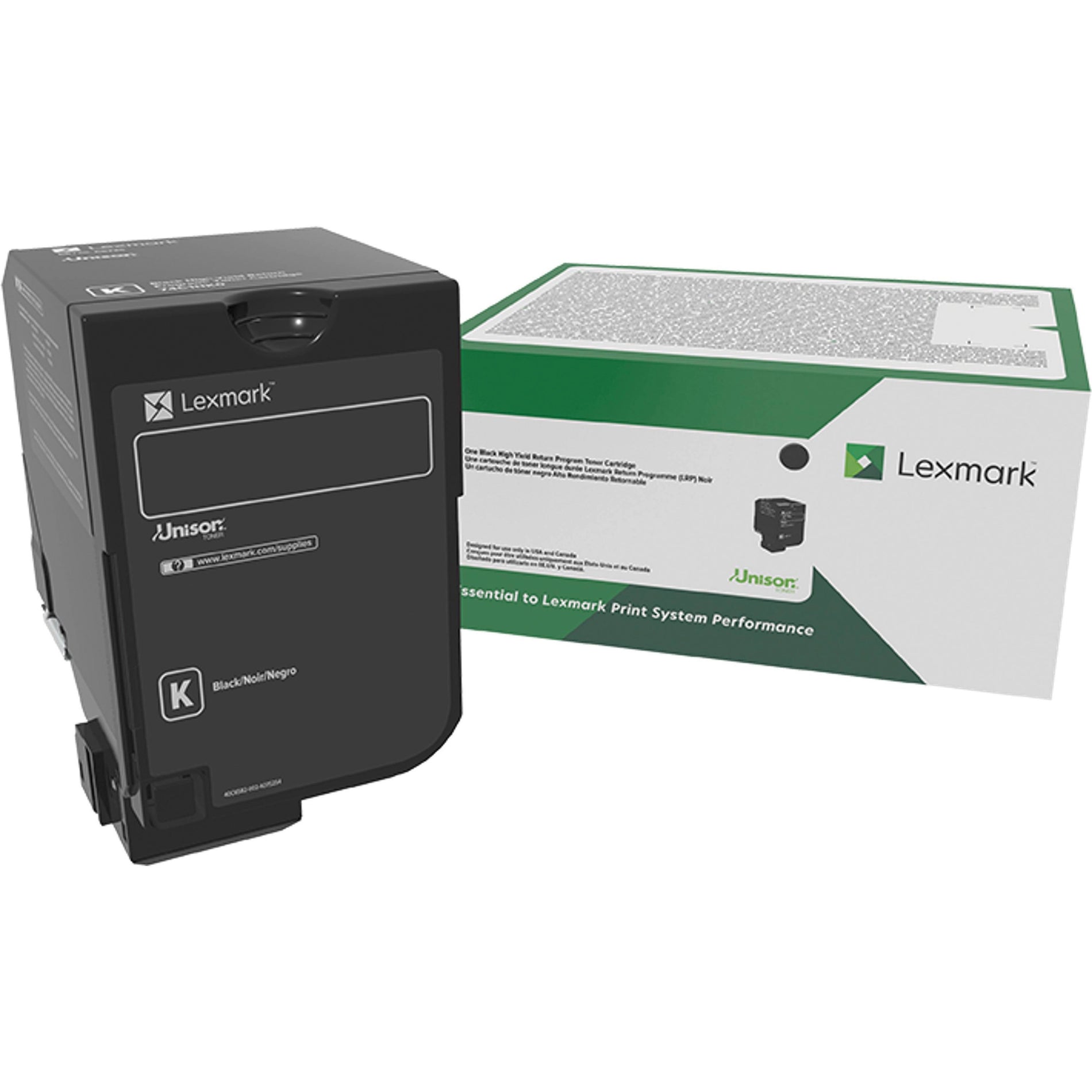 Lexmark 74C0SKG black toner cartridge with retail packaging showing product specifications and Unison technology branding-alternate-image1