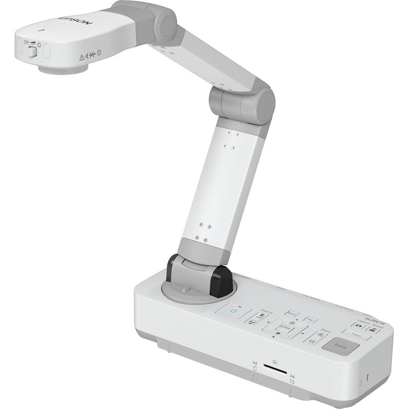 Epson DC-13 document camera showing articulating arm design and control base with HD 1080p output capabilities