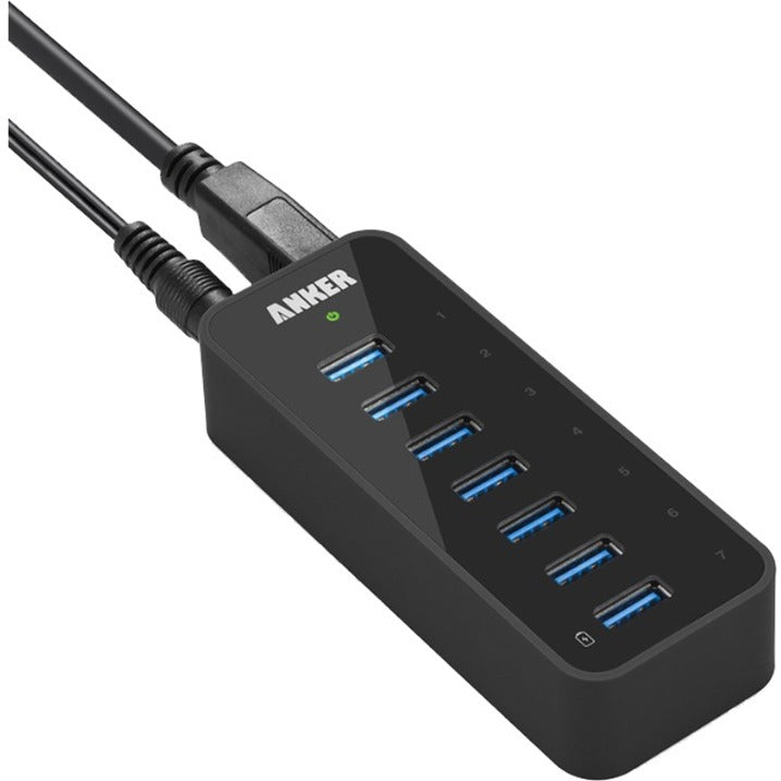 Anker 7-port USB 3.0 hub showing vertical alignment of ports with blue USB interfaces