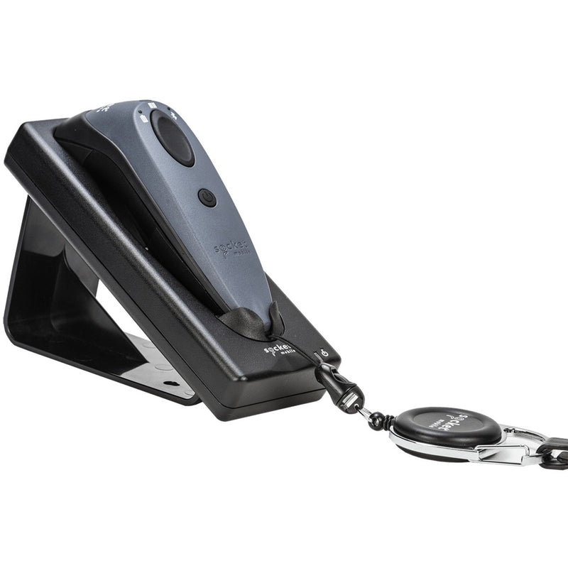 Socket Mobile charging cradle with attached lanyard demonstrating compatibility with security tethers