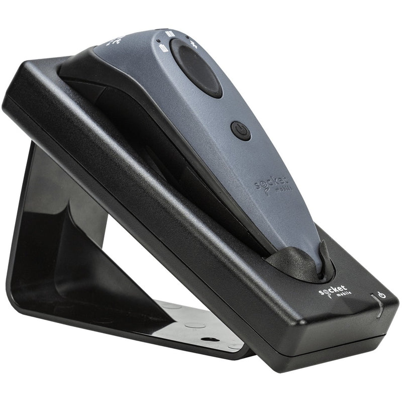 Side view of Socket Mobile charging cradle showing adjustable angle mount and stable base design