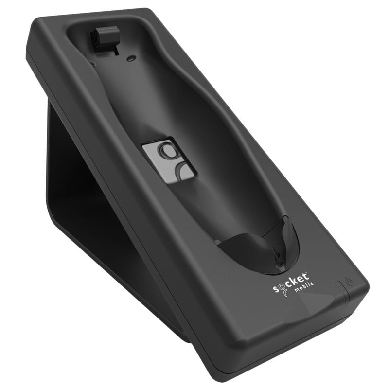 Top view of Socket Mobile black charging cradle showing secure docking bay and contact charging system