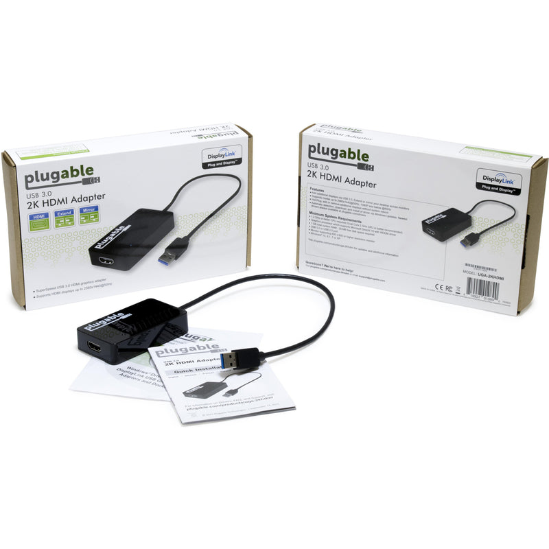 Complete package contents of Plugable USB to HDMI adapter including box and documentation