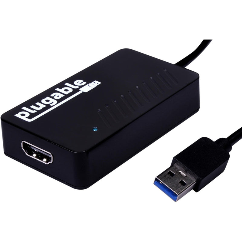 Plugable USB 3.0 to HDMI adapter showing HDMI port and integrated USB cable