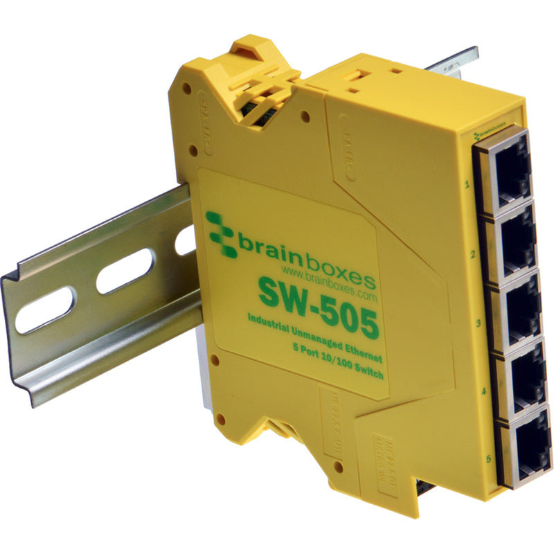 Angular view of SW-505 mounted on DIN rail showing compact design