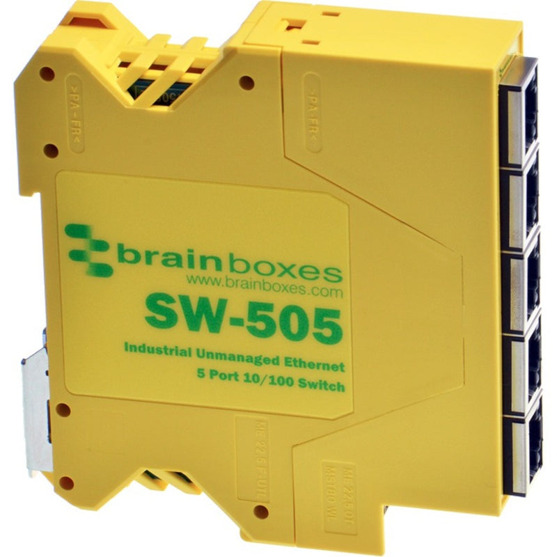 Front view of Brainboxes SW-505 industrial Ethernet switch showing 5 ports and yellow housing