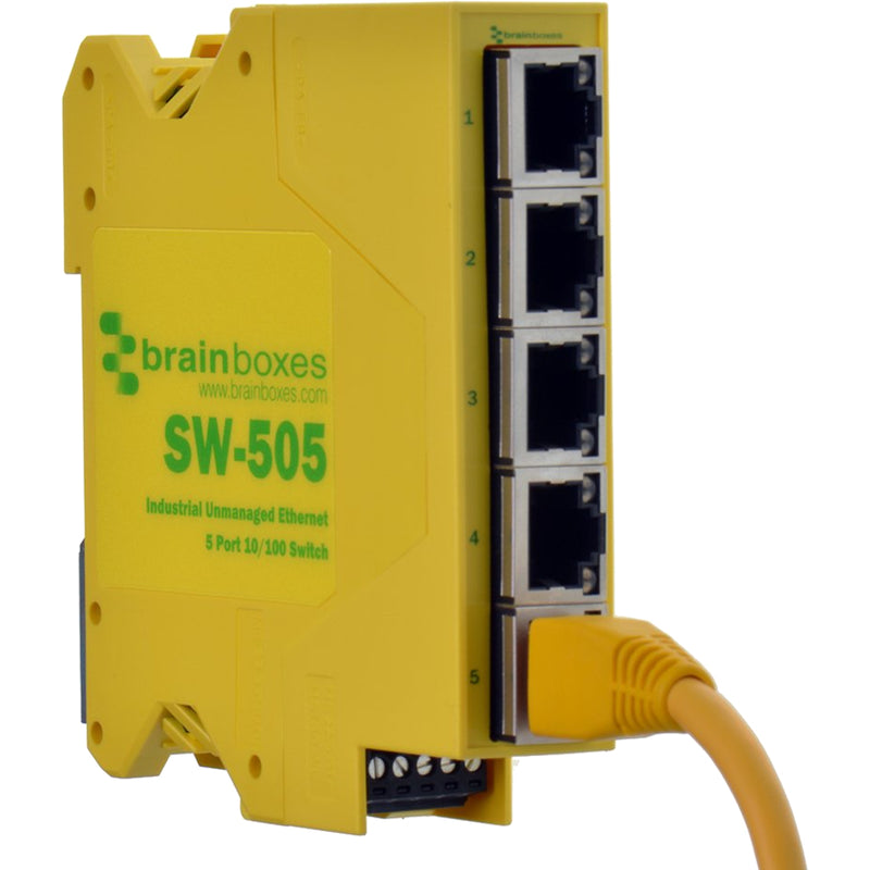 Close-up view of SW-505 numbered Ethernet ports and power terminal