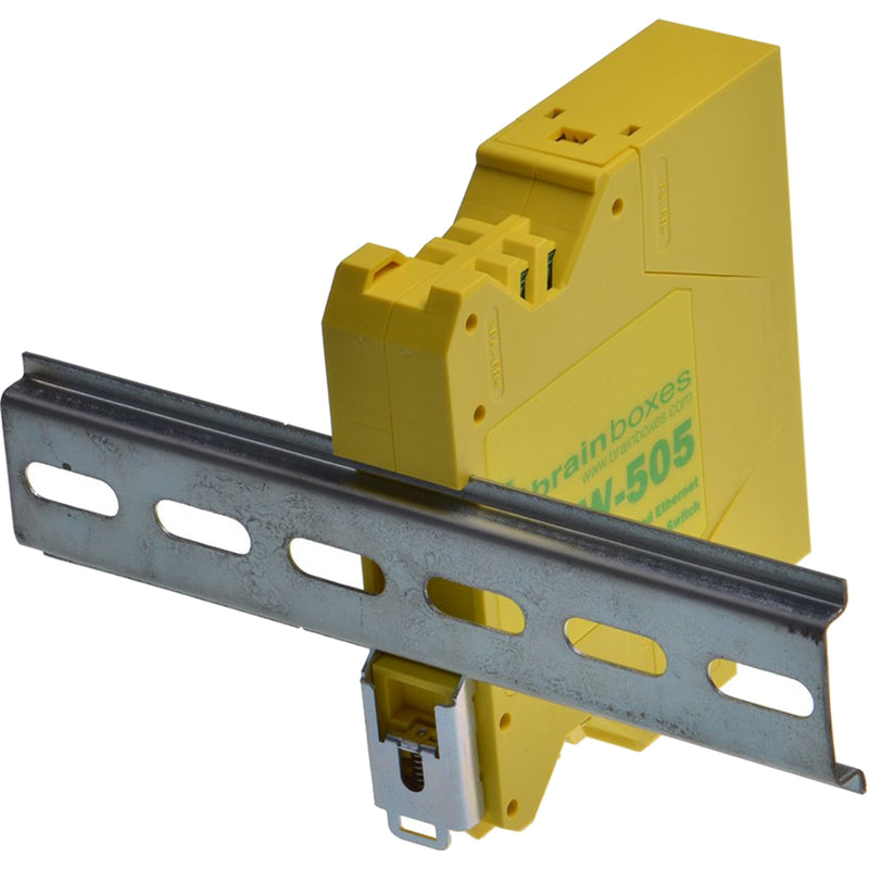 Side view of SW-505 switch with DIN rail mounting bracket attached