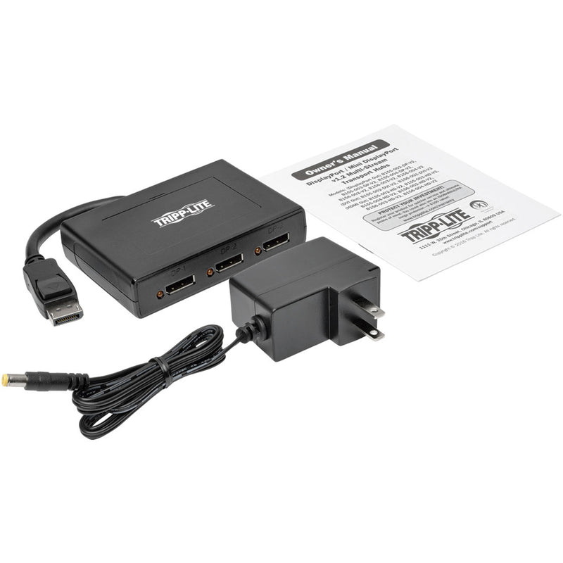 Product package contents including MST hub, power adapter, and manual