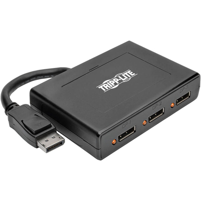 Front view of Tripp Lite DisplayPort MST hub showing three DisplayPort outputs and input cable