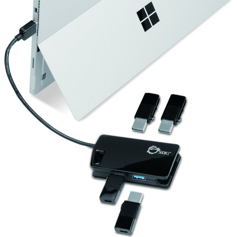 SIIG USB hub shown with Surface tablet and USB adapters