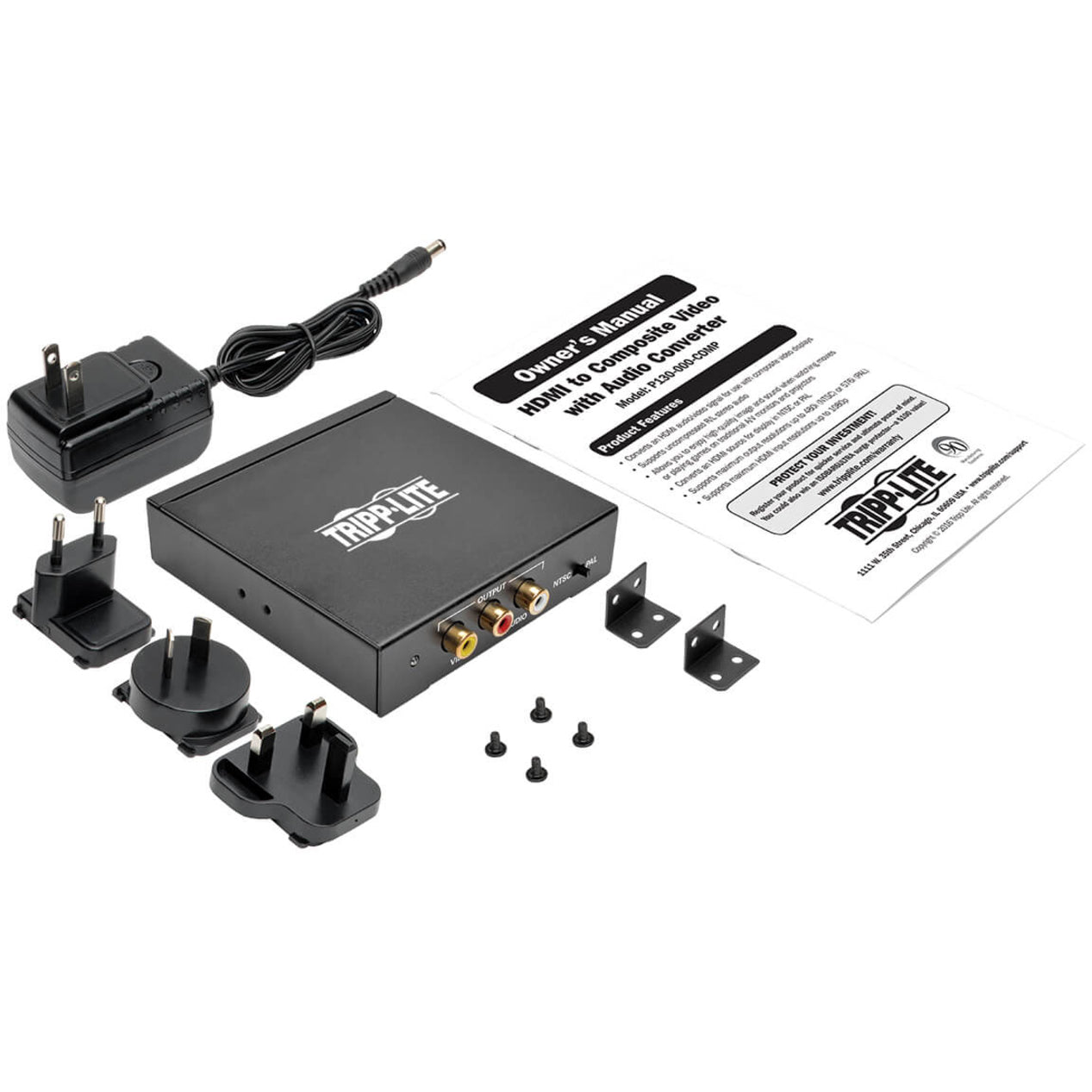 Complete package contents of Tripp Lite converter including power adapters and mounting hardware-alternate-image4