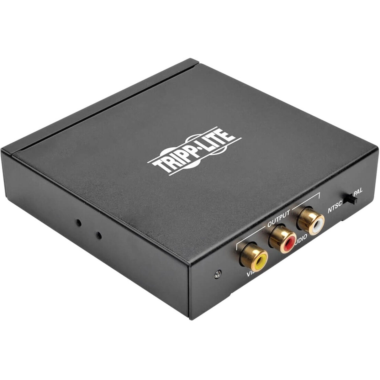 Top angled view of Tripp Lite HDMI to Composite converter showing output ports and NTSC/PAL switch-alternate-image1