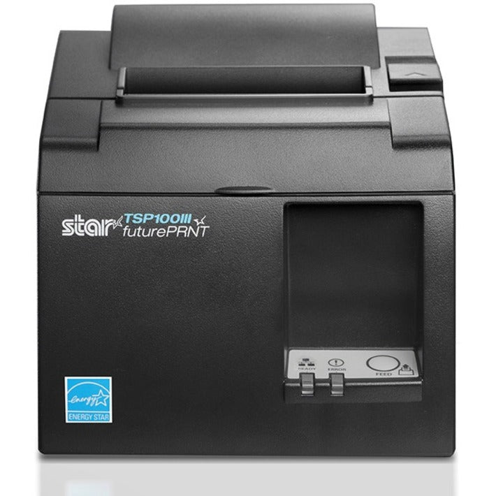 Straight-on view of Star Micronics TSP143IIILAN thermal printer highlighting its compact design and interface panel