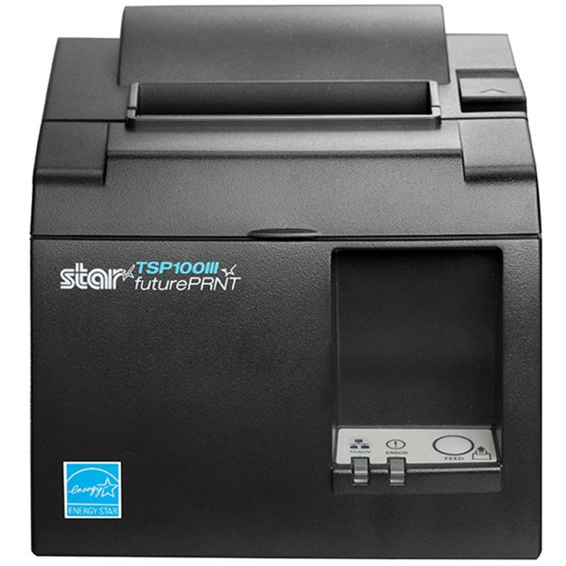 Front view of Star Micronics TSP143IIILAN gray thermal receipt printer showing control panel and Energy Star logo