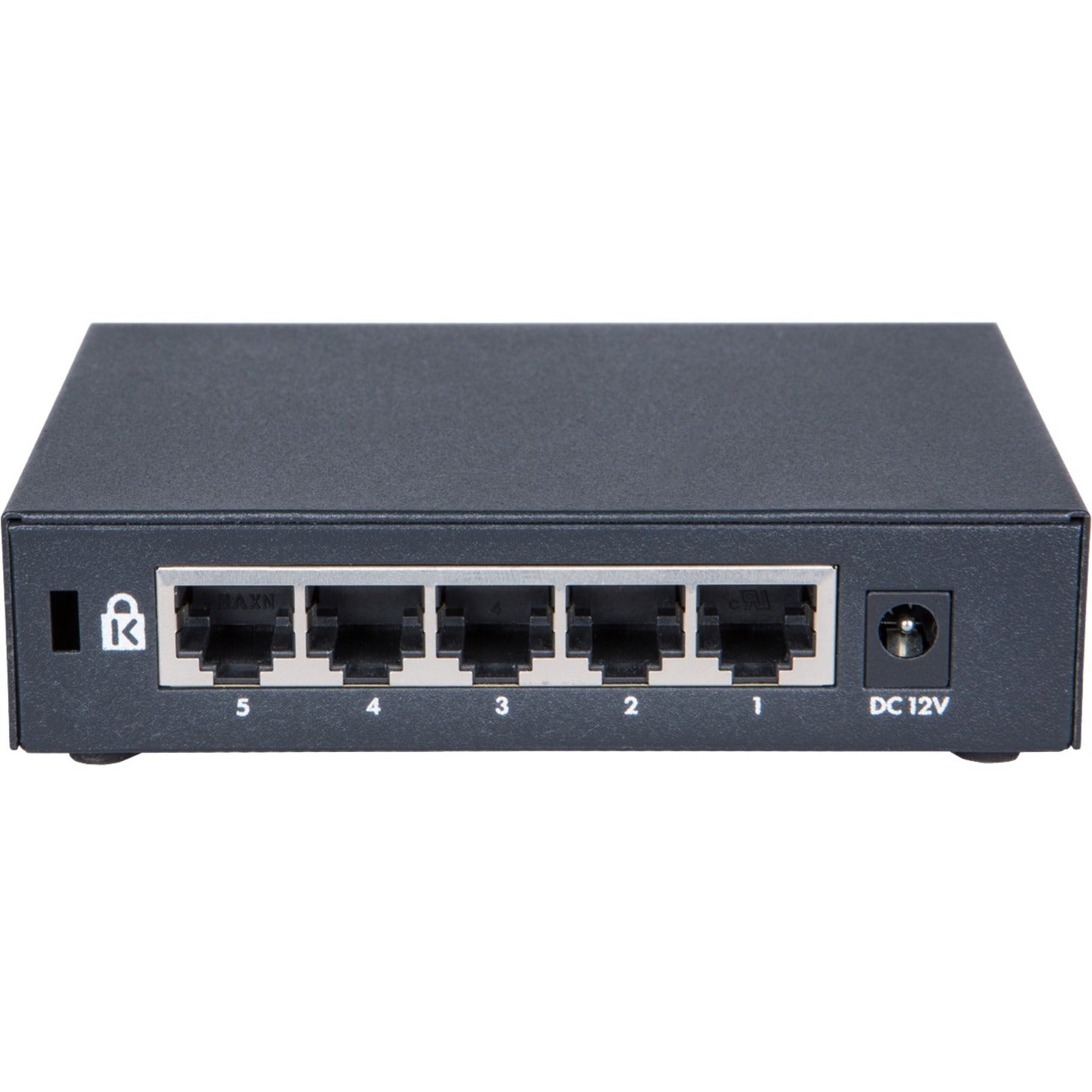 Rear view of HPE OfficeConnect 1420 5G Switch showing five Ethernet ports and power input-alternate-image3