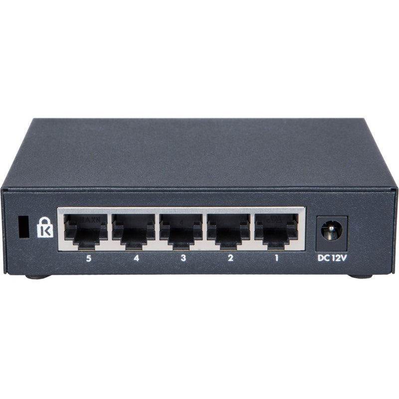 Rear view of HPE OfficeConnect 1420 5G Switch showing five Ethernet ports and power input