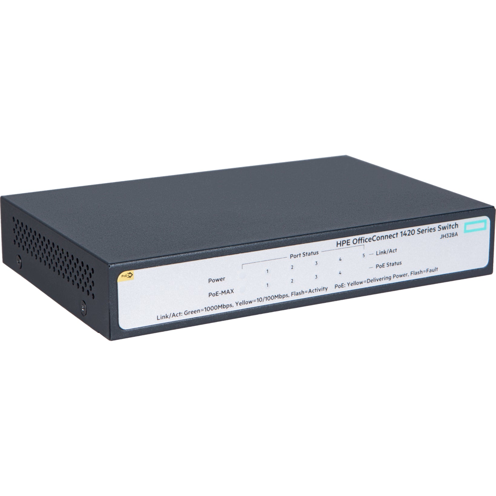 Side angle view of HPE OfficeConnect 1420 5G PoE+ switch showing ventilation design-alternate-image2