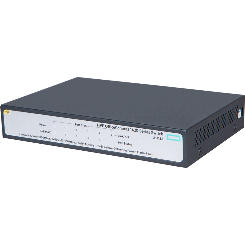 Angled perspective of HPE OfficeConnect 1420 5G PoE+ switch emphasizing slim profile