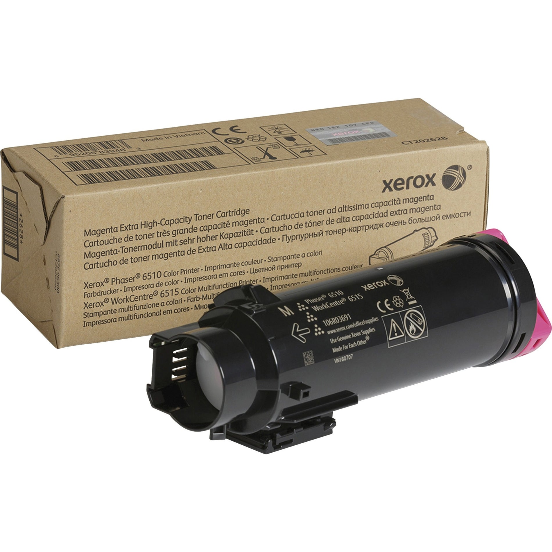 Xerox 106R03691 magenta toner cartridge with retail packaging showing product specifications and compatibility information-alternate-image1