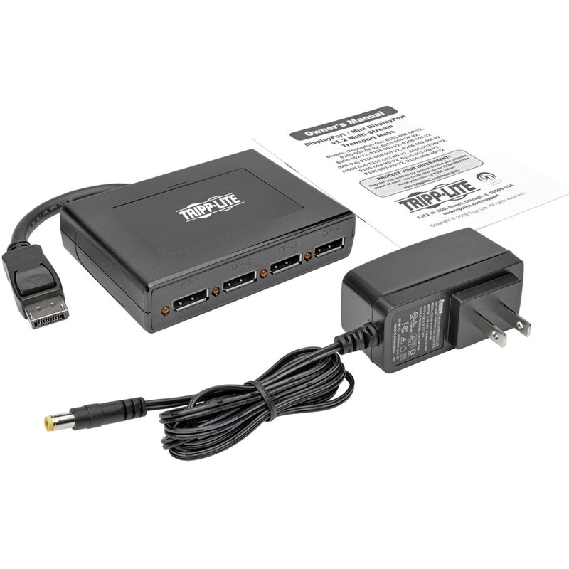 Complete package contents of Tripp Lite MST hub including power supply and manual