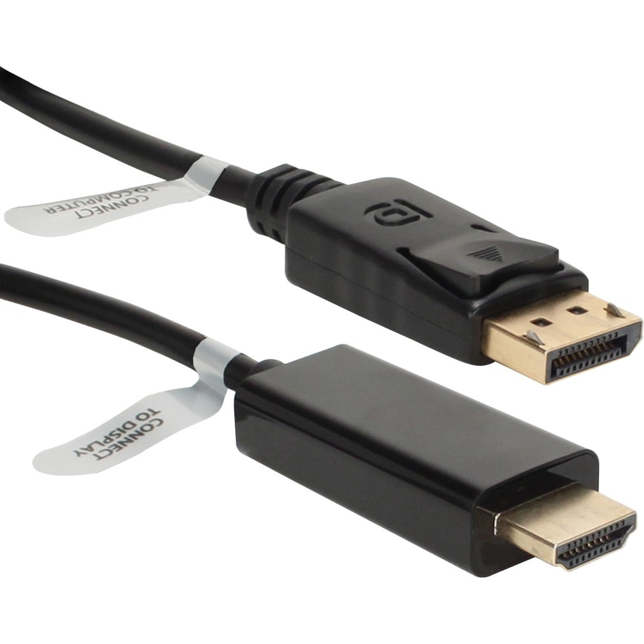 QVS DisplayPort to HDMI cable showing gold-plated connectors and locking latch mechanism on black cable-alternate-image1