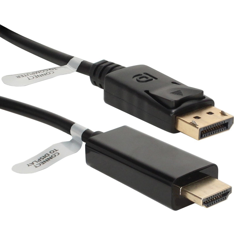 Close-up view of QVS DisplayPort to HDMI cable showing locking latch mechanism and gold-plated connectors