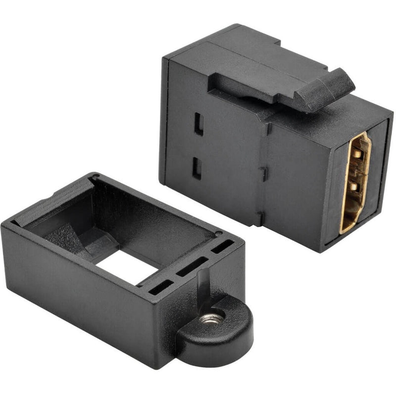 HDMI keystone coupler with panel mount adapter showing gold-plated female connector and mounting bracket