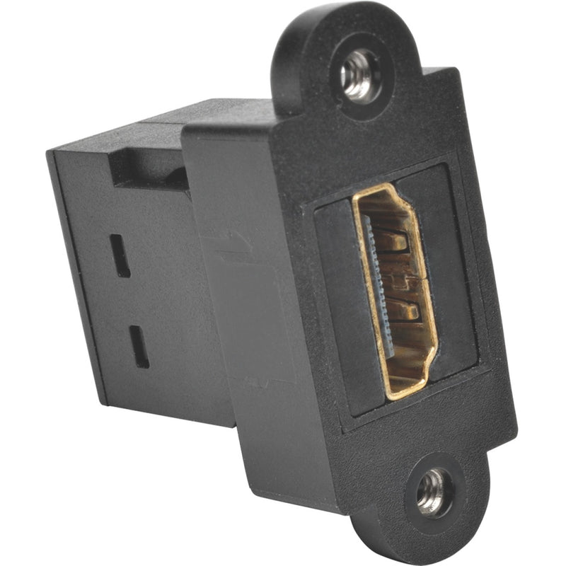 Side view of HDMI coupler showing panel mount holes and secure mounting design