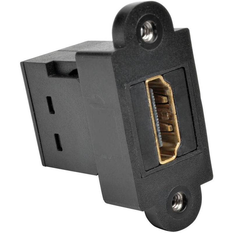 Angled view of HDMI coupler showing mounting features and connector port