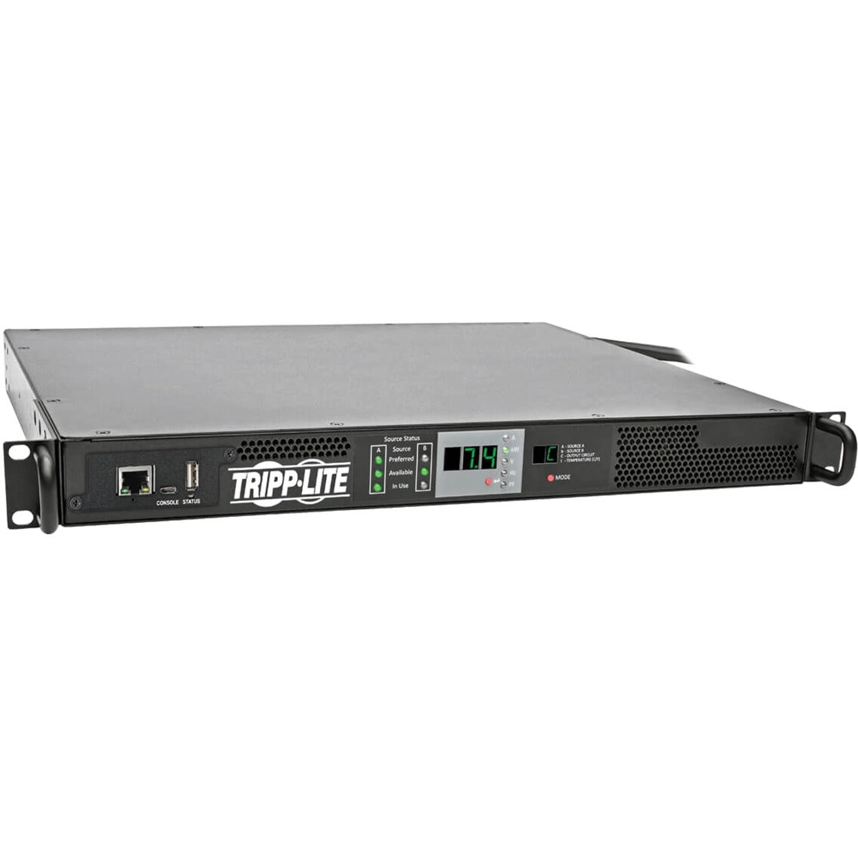 Front view of Tripp Lite PDUMNH32HVAT PDU showing LED display panel and network interface-alternate-image1