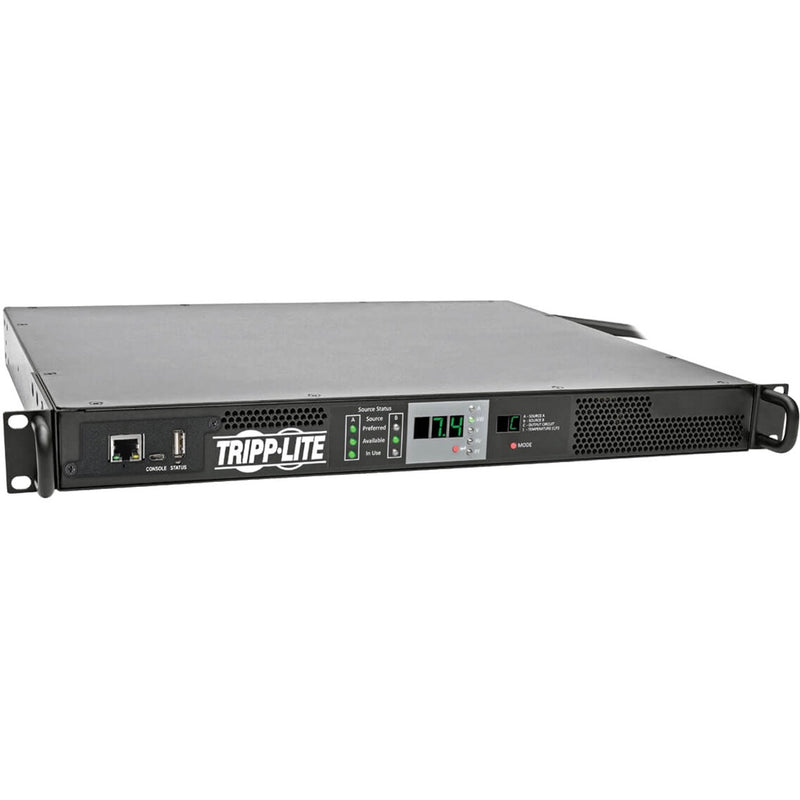 Front view of Tripp Lite PDUMNH32HVAT PDU showing LED display panel and network interface