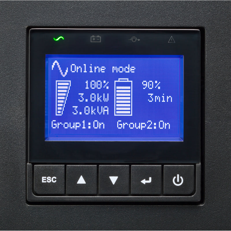 Close-up of Eaton 9PX UPS LCD display showing power monitoring interface