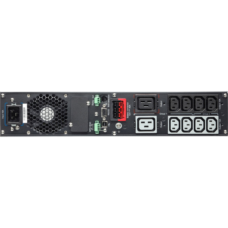 Detailed view of UPS communication ports including network, USB, and serial connections