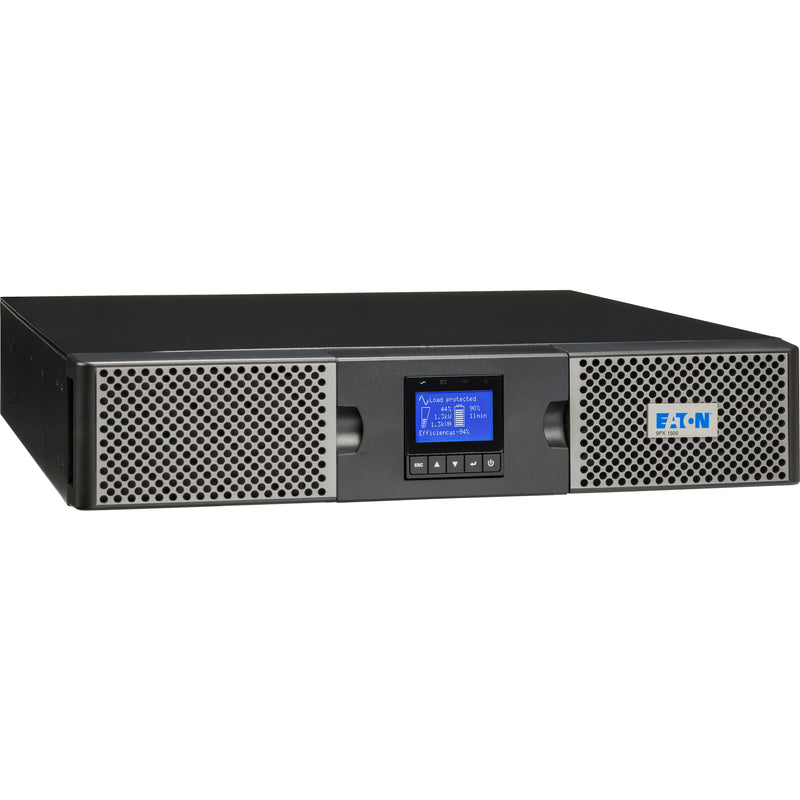 Front view of Eaton 9PX 3000VA UPS showing LCD display screen and control panel