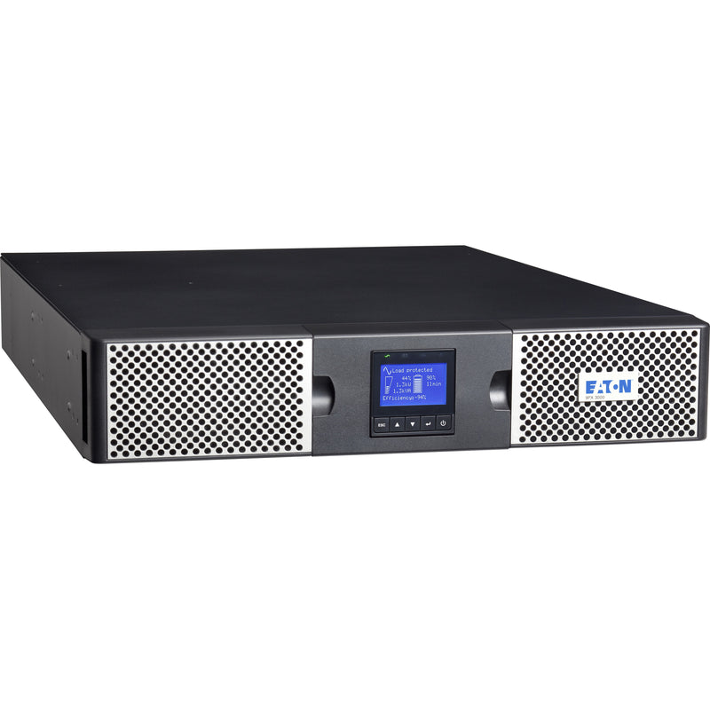 Front view of Eaton 9PX 3000VA rack-mount UPS showing LCD display and ventilated front panels