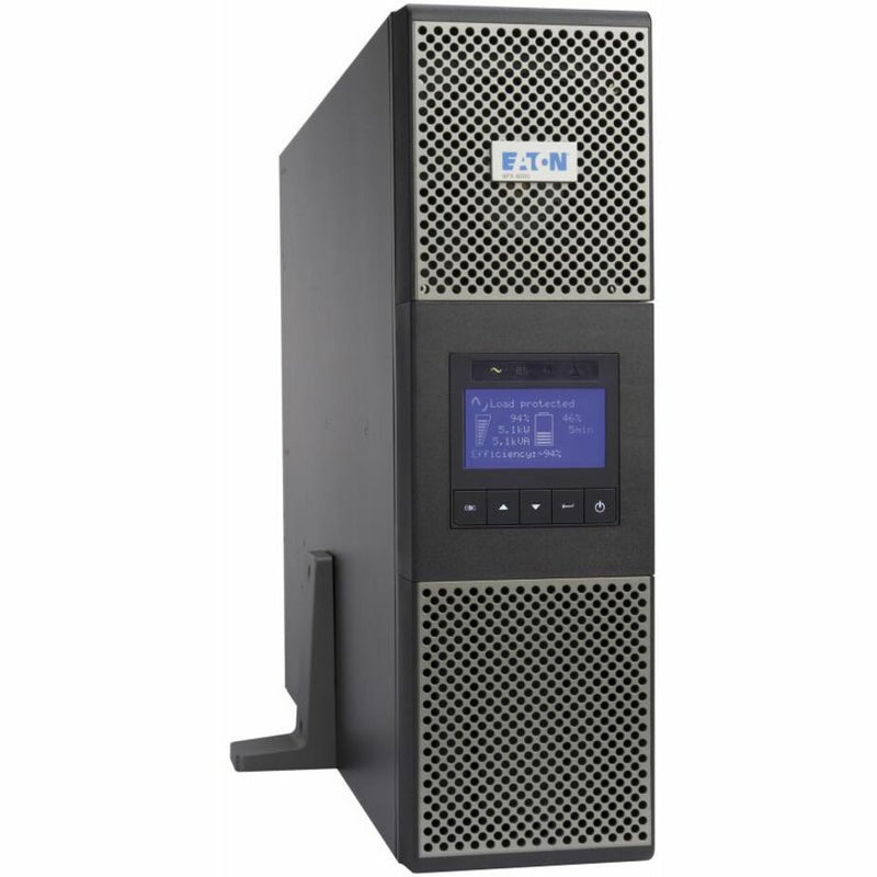 Side view of Eaton 9PX3K3UN UPS in tower configuration showing ventilation system and LCD display