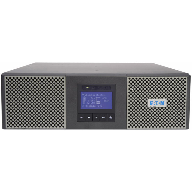 Front view of Eaton 9PX3K3UN UPS showing LCD display screen with power monitoring interface and ventilated front panel