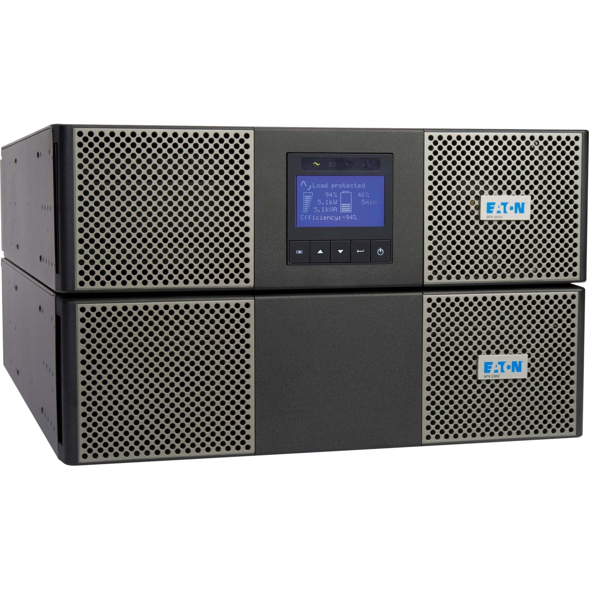 Angled view of Eaton 9PX UPS showing dual-unit configuration with UPS and transformer modules-alternate-image2