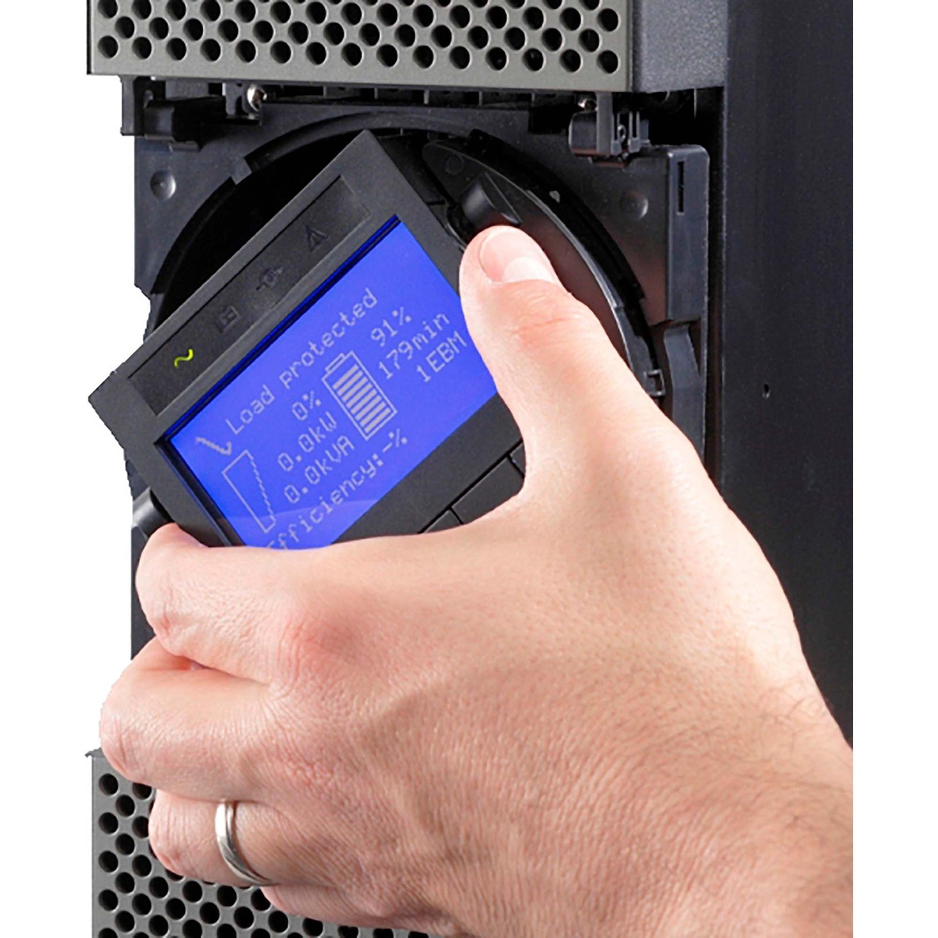 Close-up of Eaton 9PX UPS LCD screen showing power monitoring interface with hand adjusting display-alternate-image5