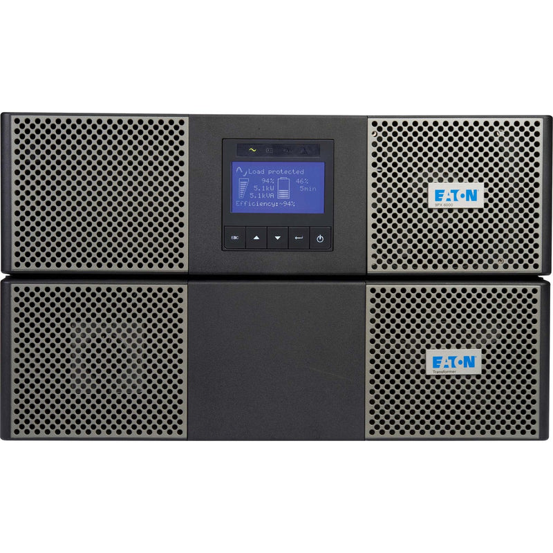 Front view of Eaton 9PX UPS showing LCD display screen with power monitoring information