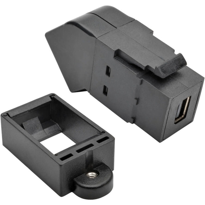 Angled view of black Mini DisplayPort to DisplayPort keystone adapter with mounting bracket