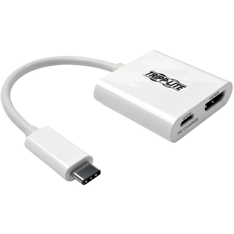 White Tripp Lite USB-C to HDMI adapter with USB-C PD charging port shown against white background