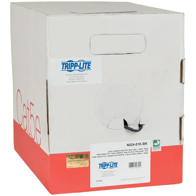 Tripp Lite N024-01K-BK Cat5e cable box showing product specifications and RoHS compliance label